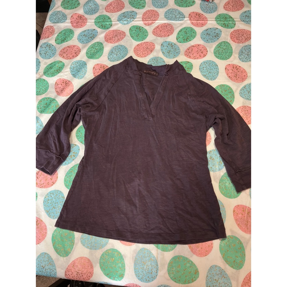 Wearables by Lotus Purple Slub Knit Split V-Neck 3/4 Sleeve Top Small